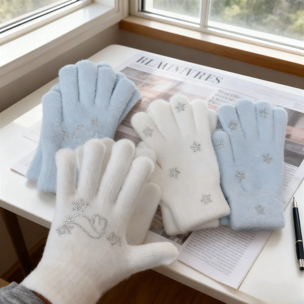 

Милые вязаные перчатки со стразами и пальцами кролика, теплые восковые милые сестры, универсальные зимние теплые перчатки с холодными пальцами 20*11 см
