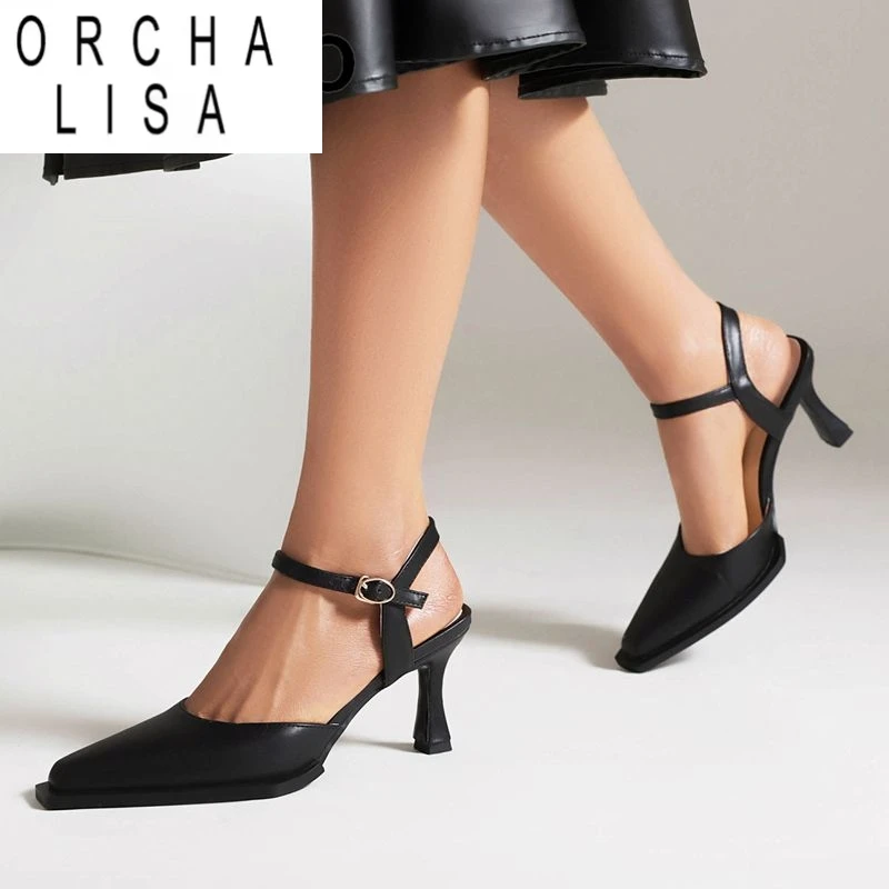 

ORCHA LISA Фирменные новые женские сандалии с квадратным носком на тонком каблуке 8 см, с пряжкой и ремешком, большие размеры 41 42 43, модная женская летняя обувь для свиданий