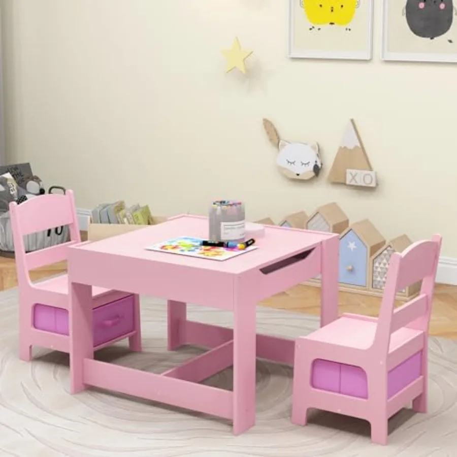 

3 in 1 Wooden Activity Table and Chair Set for Toddlers Arts Crafts Drawing Reading Playroom with 2 in 1 Tabletop Storage Space