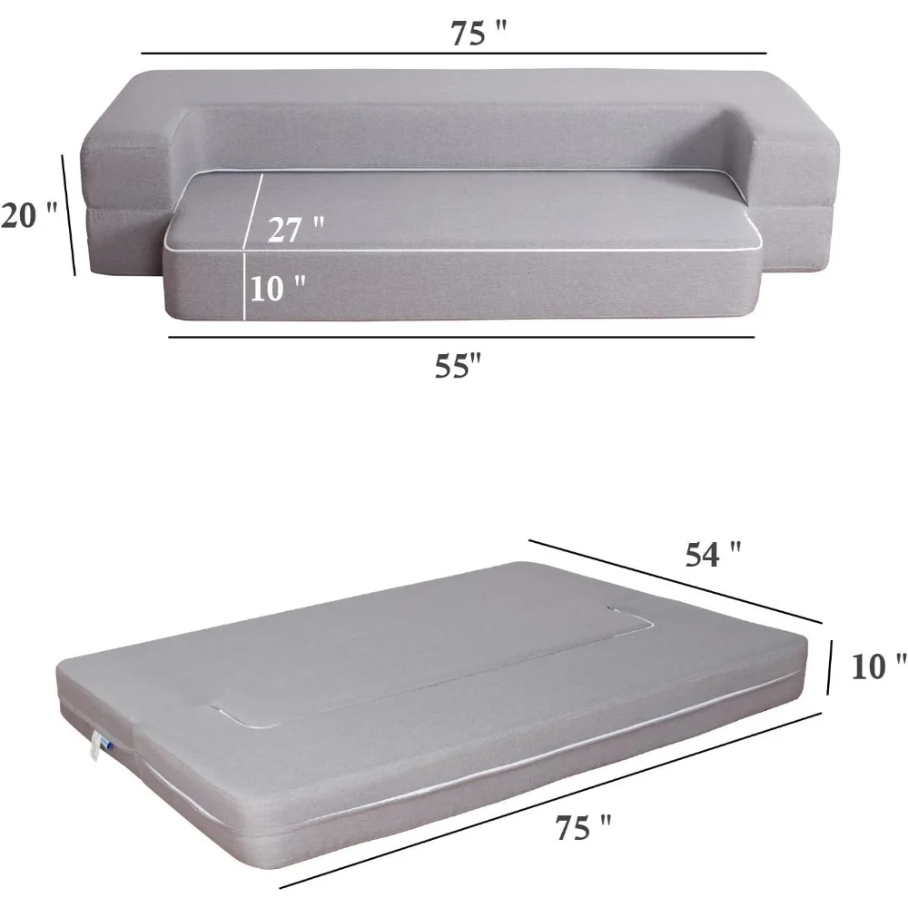 세탁 가능한 커버가 있는 컨버터블 소파 침대 매트리스, 풀 사이즈, 거실, 기숙사, 객실, 접이식 75 인치