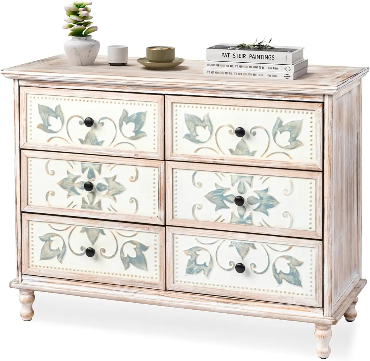 Dresser for Bedroom, Washed White 6 Drawer Dresser with Carved Flower Pattern, Dressers & Chests of Drawers with Solid Wood Legs