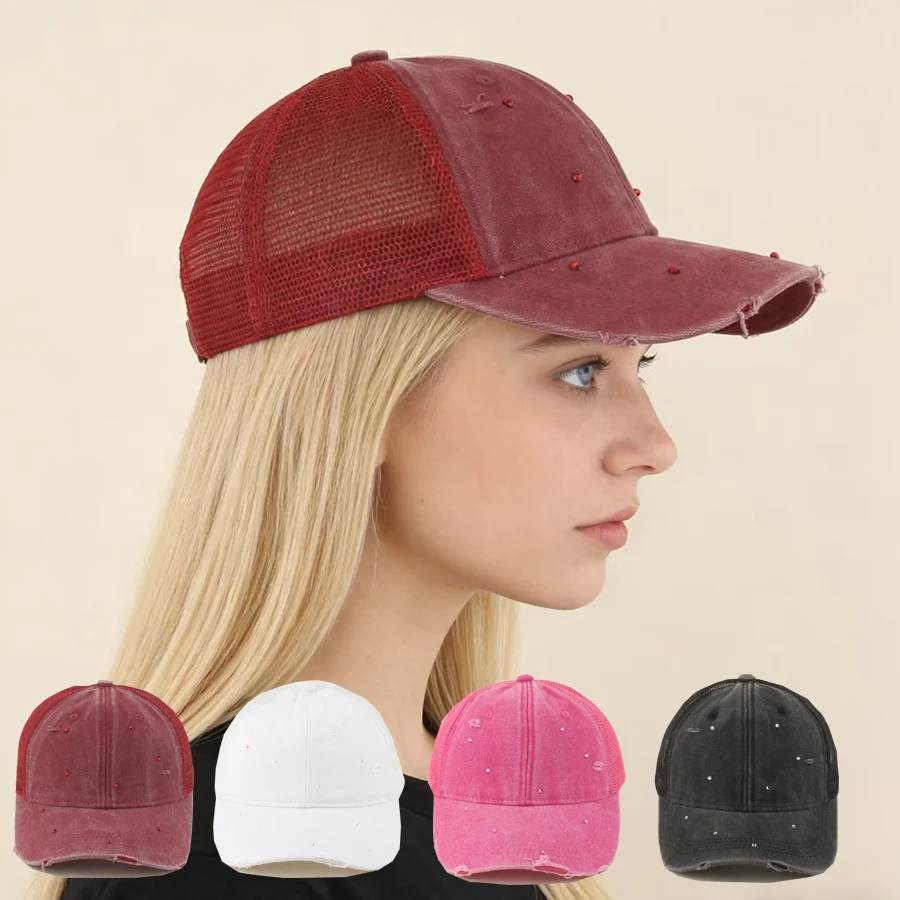 New Summer Mesh Rhinestone Baseball Cap Women Diamond Washed