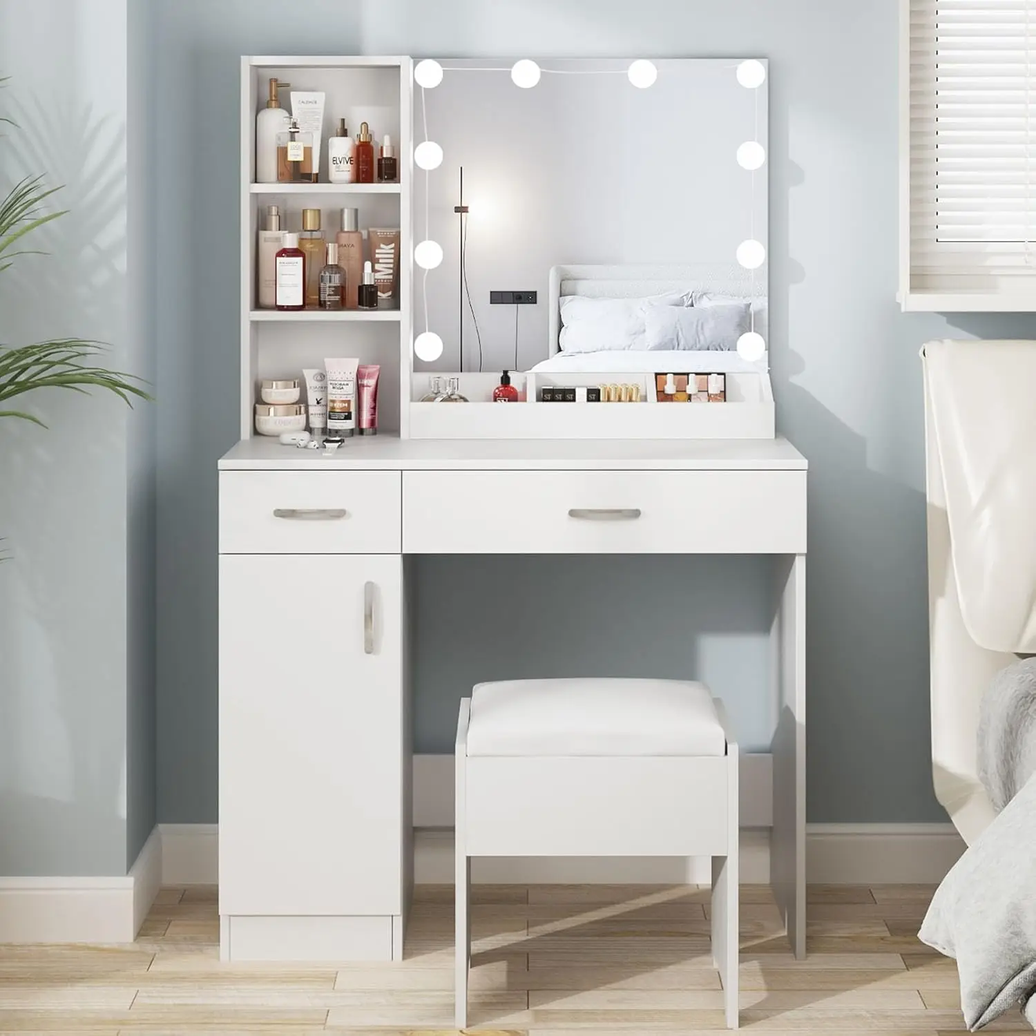 Fameill White Vanity Desk with Mirror and Lights,Makeup Vanity with 2 Drawers Lots Storage,Vanity Table with Lighted Mirror,3