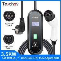 Teschev Portable EV Charger 220V 3.5KW J1772 Type 1 IEC62196-2 Type 2 Charger 16A Adjustable Current Charger for Electric Car