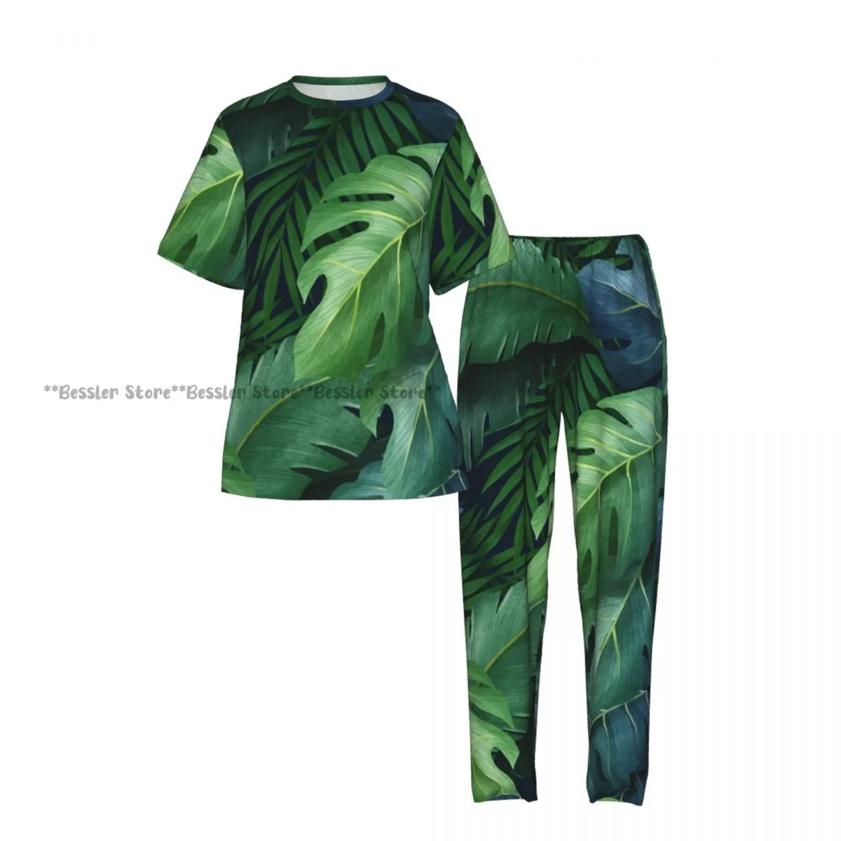 Tropical Green Palm Leaves Pajamas Set Short-sleeved Women Home Clothing