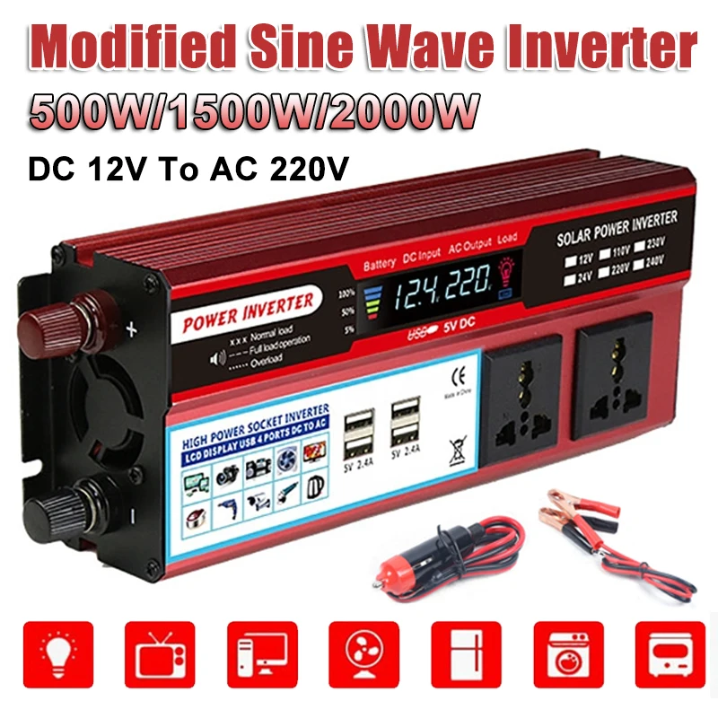 

500/1500/2000W Power Inverter Modified Sine Wave Solar Power DC 12V To AC 220V Voltage Transformer Car Adapter Chargig Converter