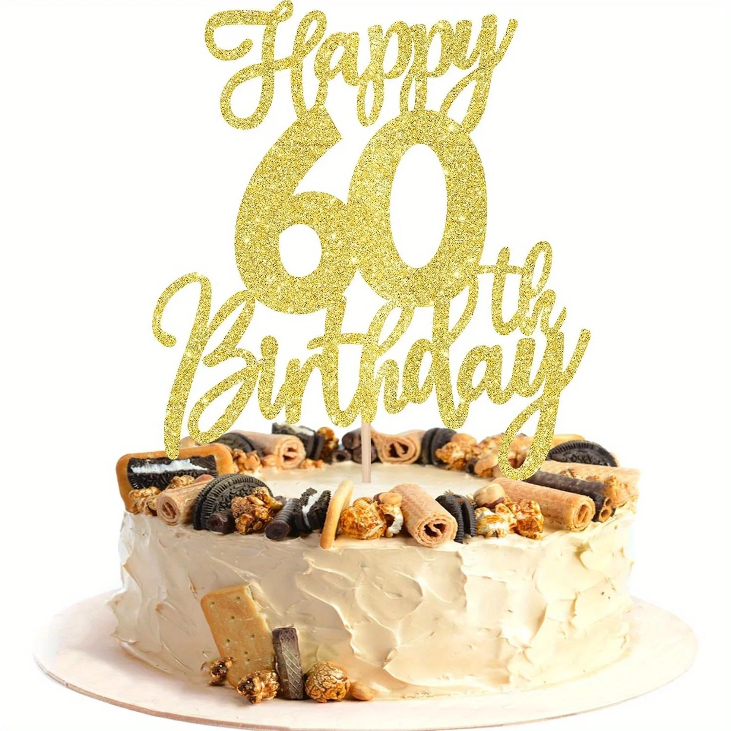 1 PCS Golden Elegant 60th Birthday Cake Topper - Cheers to 60 Years Sixty Hello 60 Cake Decoration for Diamond Anniversary