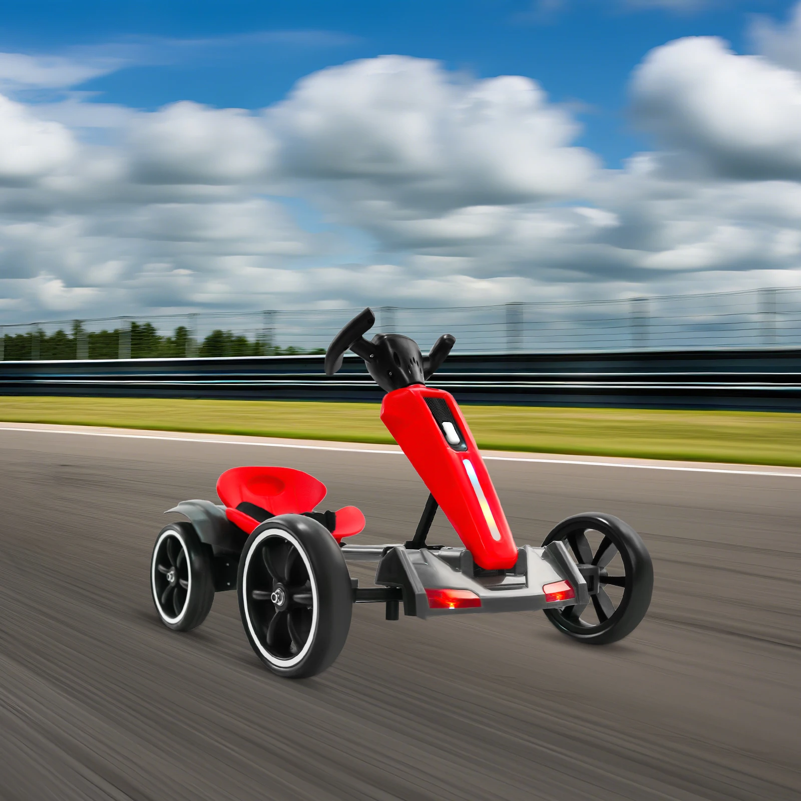 รถโกคาร์ทไฟฟ้าสำหรับเด็ก, มอเตอร์คู่ 390 แบบพับได้สำหรับเด็ก, รถโกคาร์ทแบบใช้เท้าถีบพร้อมเบาะปรับระดับได้และไฟ/เสียงเพลง