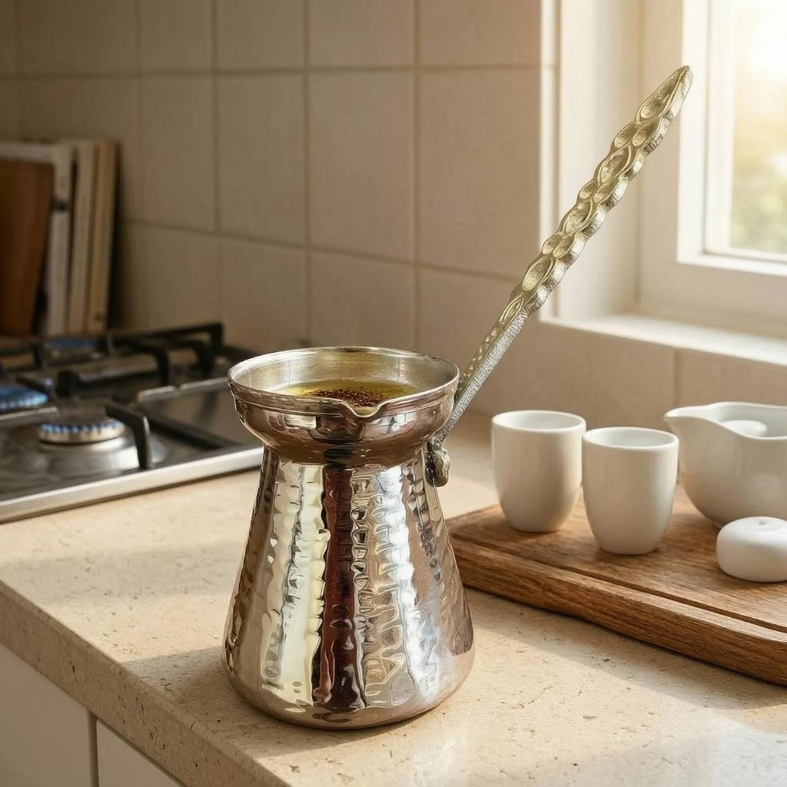 Turkish Coffee Pot Perforated Handle Metal Turkish Coffee Pot Briki Flared Rim Cookware Tapered Body view 5