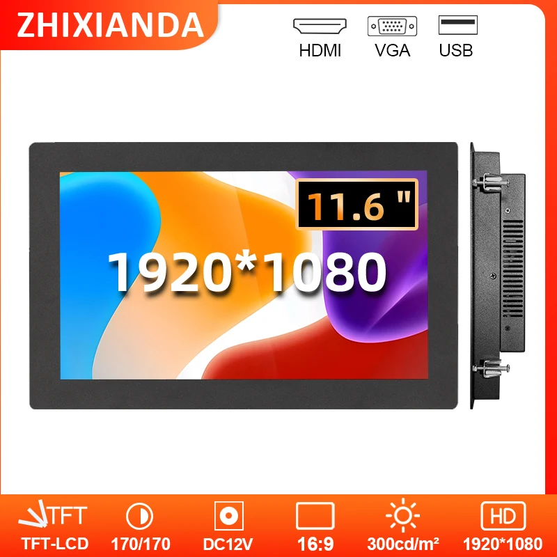 ZHIXIANDA 11.6 Inch 1920*1080  Vesa Wall Mount Display Embedded Panel Touch Screen Monitor with HD VGA Inport for Industry