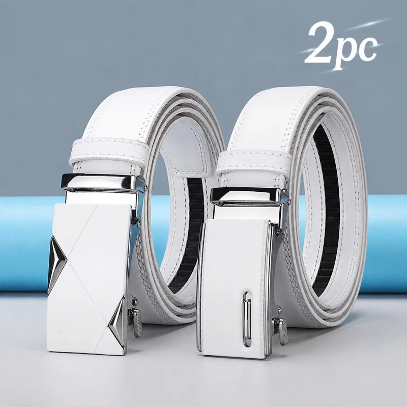 Men's White Ratchet Belt with Rotating Buckle, Automatic Alloy Buckle Waist Strap for Jeans, Business Casual, Ideal Gift for Men