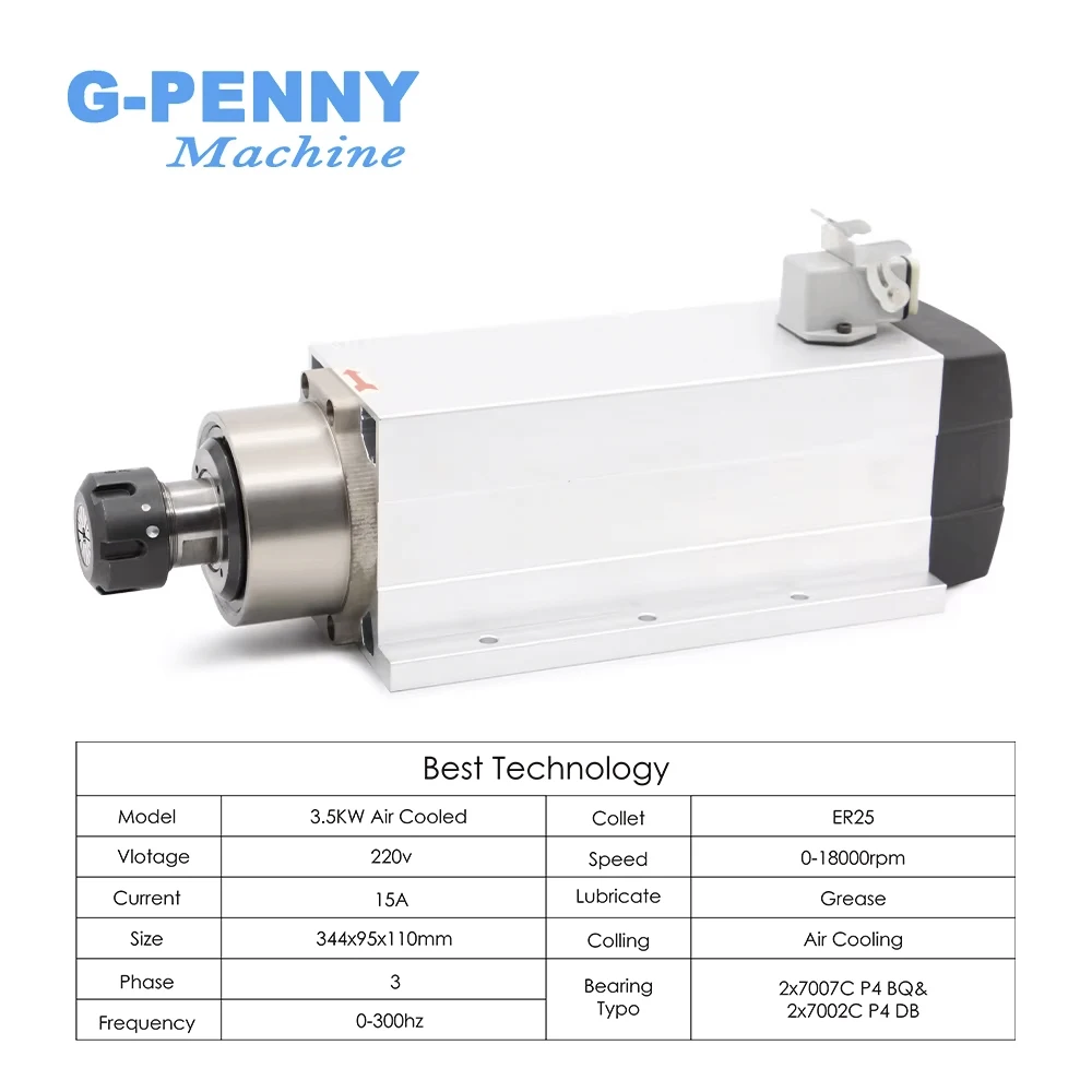 G-Penny 3.5kw ER25 Air Cooled Spindle Kit 300hz 4pcs Ceramic Ball Bearings Square Spindle ER25 Collet & 4.0kw Frequency Drive