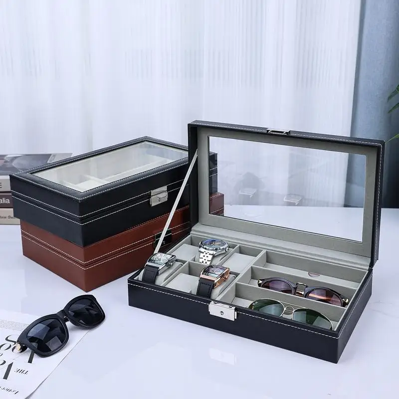 Watch Display Case Watches Eyeglasses Storage Case PU Leather Lockable Glasses Watch Storage Boxes With Clear Viewing Window