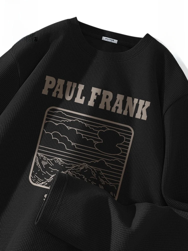 

Мужская плотная футболка с длинным рукавом из вафельной ткани, осенняя, черная, дышащая, с круглым вырезом