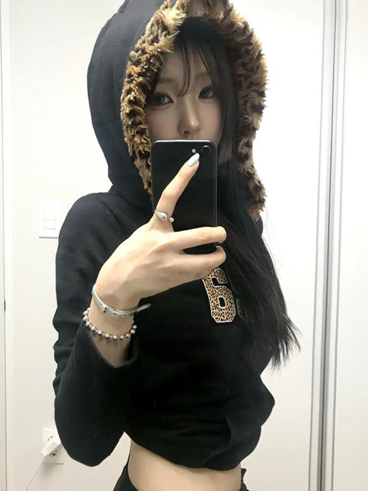 HOUZHOU-ropa informal con estampado de leopardo para mujer, sudaderas con capucha ajustadas de estilo Hip Hop, estilo americano, Retro, primavera 2024