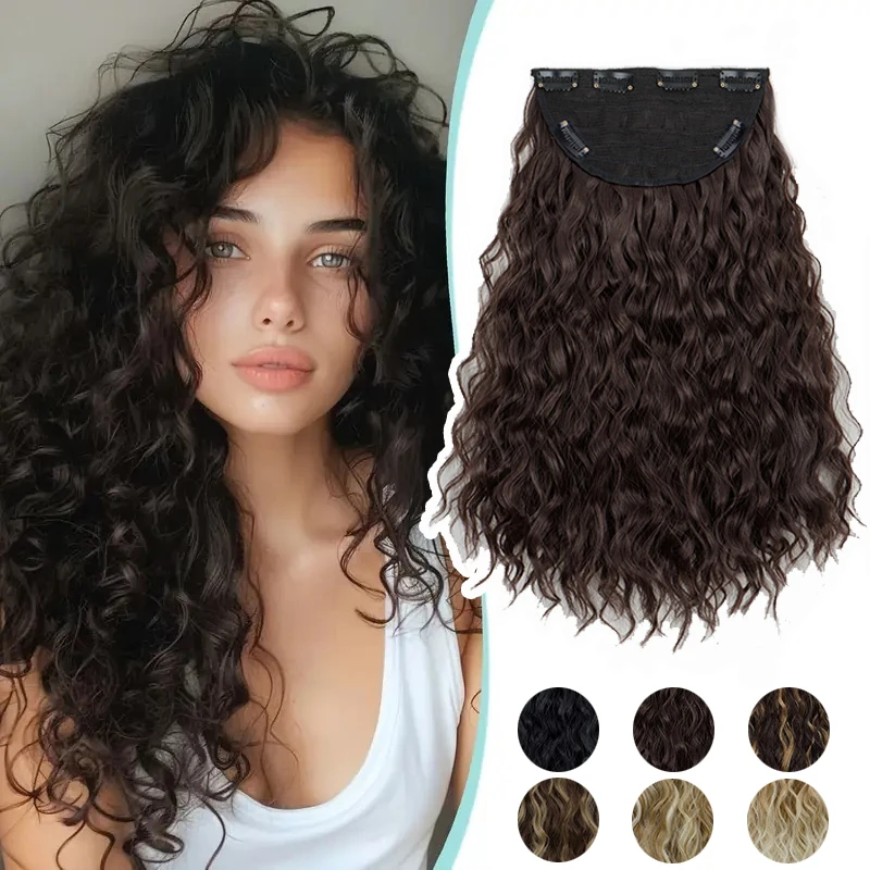 

18Inch Synthetic One Piece Short Wave Curly Hair Extension Easy to Wear Black Brown Hairpiece for Women