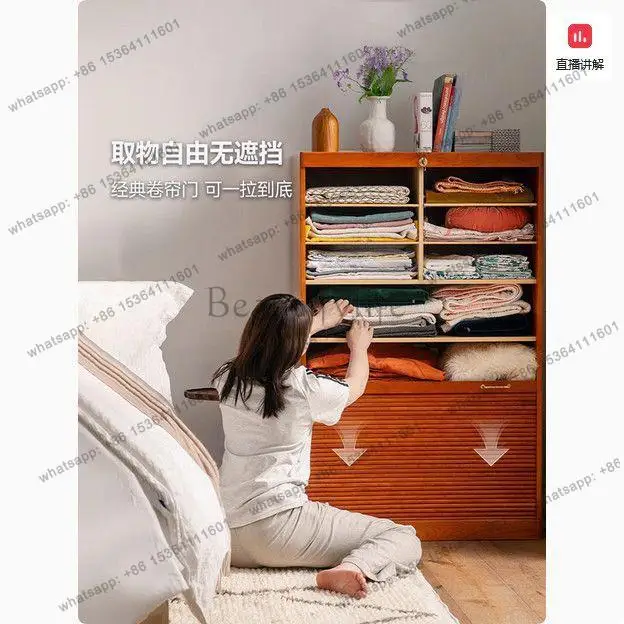 Solid wood rolling shutter door locker Nordic medieval storage floor bookcase