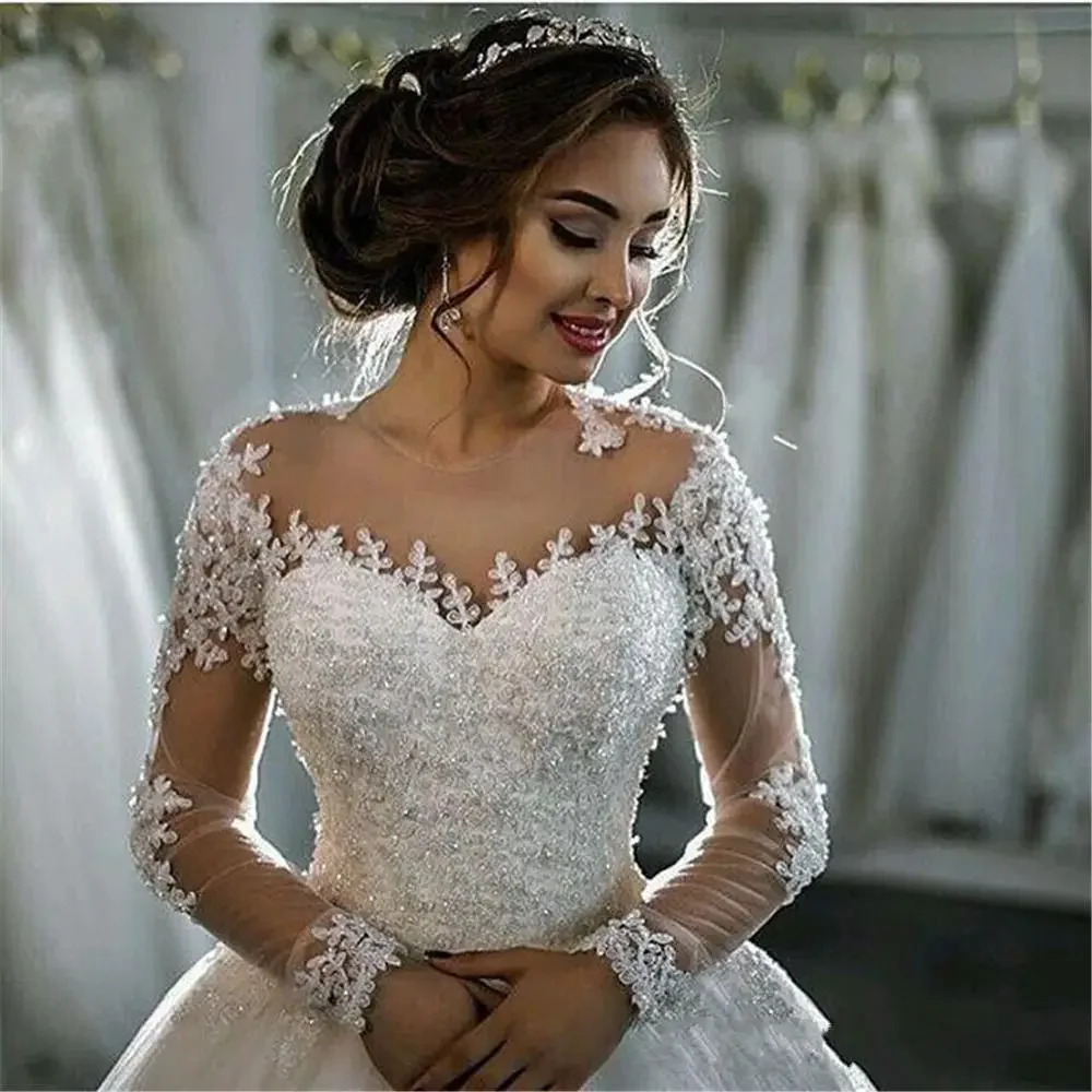 Customized Dubai Elegant Long Sleeves A-line Wedding Dresses Sheer Crew Neck Lace Appliques Beaded Vestios De Novia Bridal Gowns