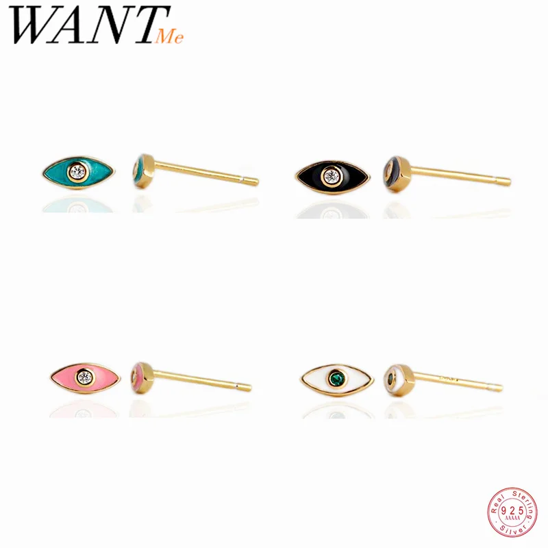 WANTME 925 Sterling Silver Bohemian Color Enamel Devil's Eye Stud Earrings for Women Statement Gold Ear Bone Piercing Jewelry