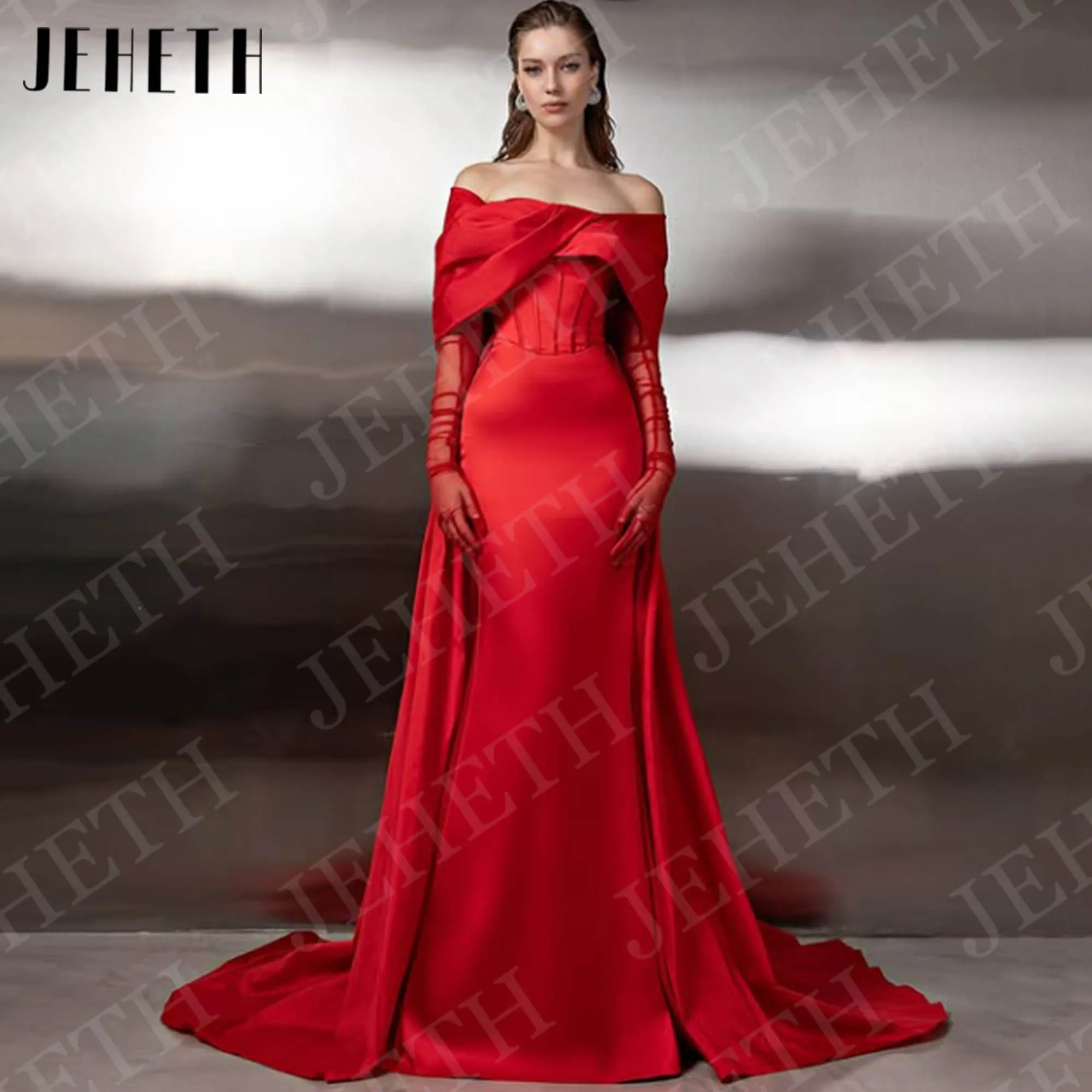 

JEHETH Mermaid Off Shoulder Evening Dresses Customized Woman Red Elegant Satin Formal Party Dress Detachable Train فساتين سهره
