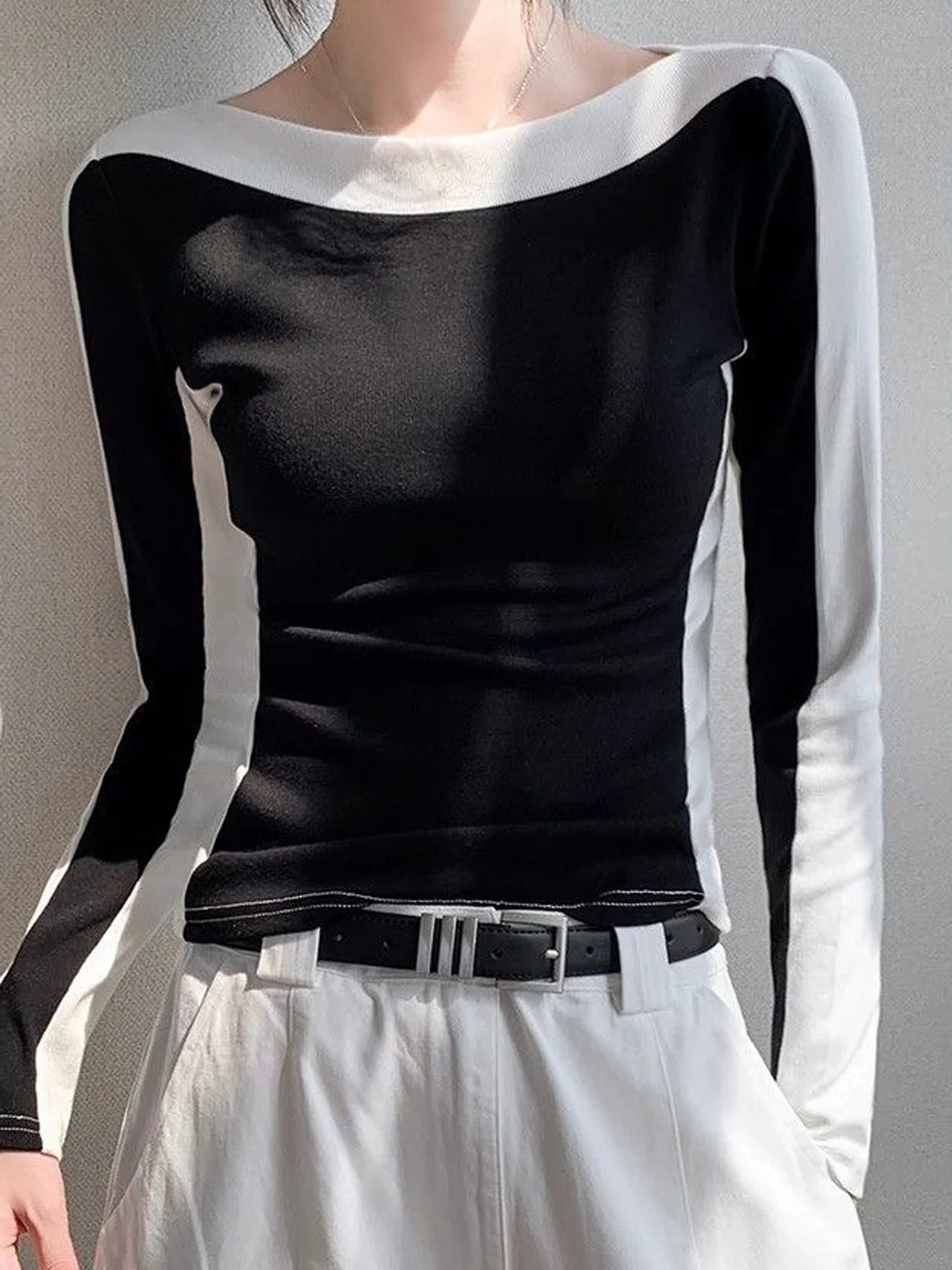 Fashion Casual Long Sleeve Slim Fit Women's T-shirt One-Shoulder Color Block High Waist Straight Angle Shoulder Top