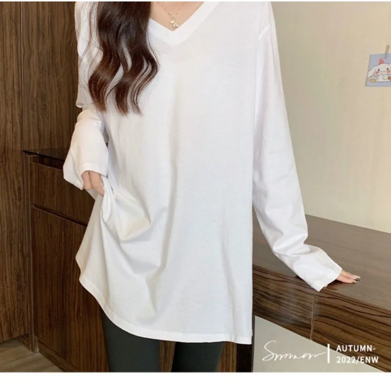 Mid-length Warm Velvet White Base Shirt for Women with Autumn and Winter V-neck Plus Velvet Long-sleeved T-shirt Large-size Top