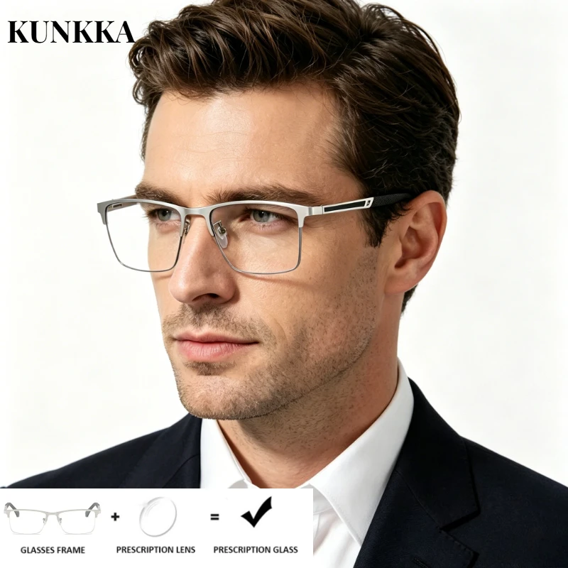 

KUNKKA Men's Business Reading Glasses Metal Square Frame Hyperopia Eyewear Anti-blue Light Photochromism Man Optics Eyeglasses