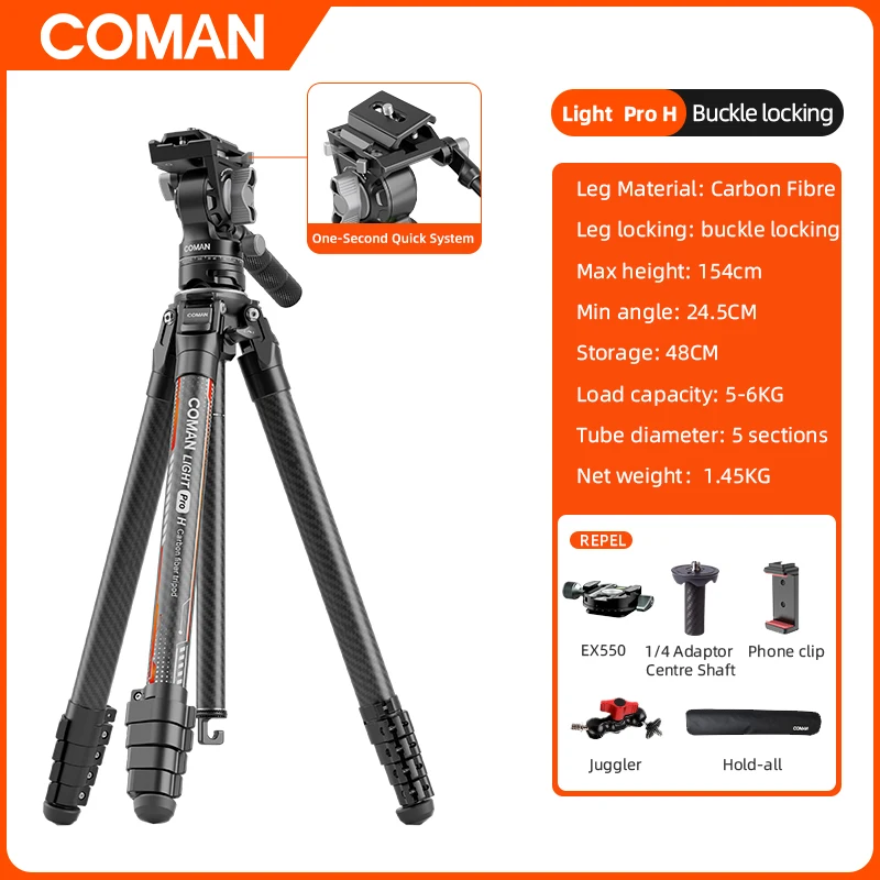 

Light H Pro Portable Travel Photography Tripod Carbon Fiber Tripod With Fluid Head Detachable To Monopod 1.16kg