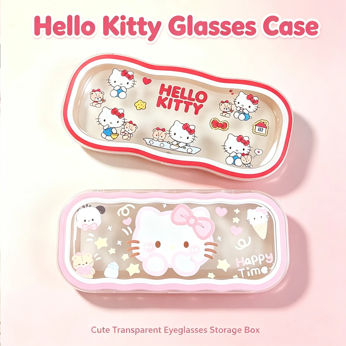 Women Accessories List - ハローキティ ウェーブエッジ眼鏡ケース、ポータブル透明プラスチックメガネボックス、女性用のかわいいミニ化粧品ジュエリーオーガナイザー