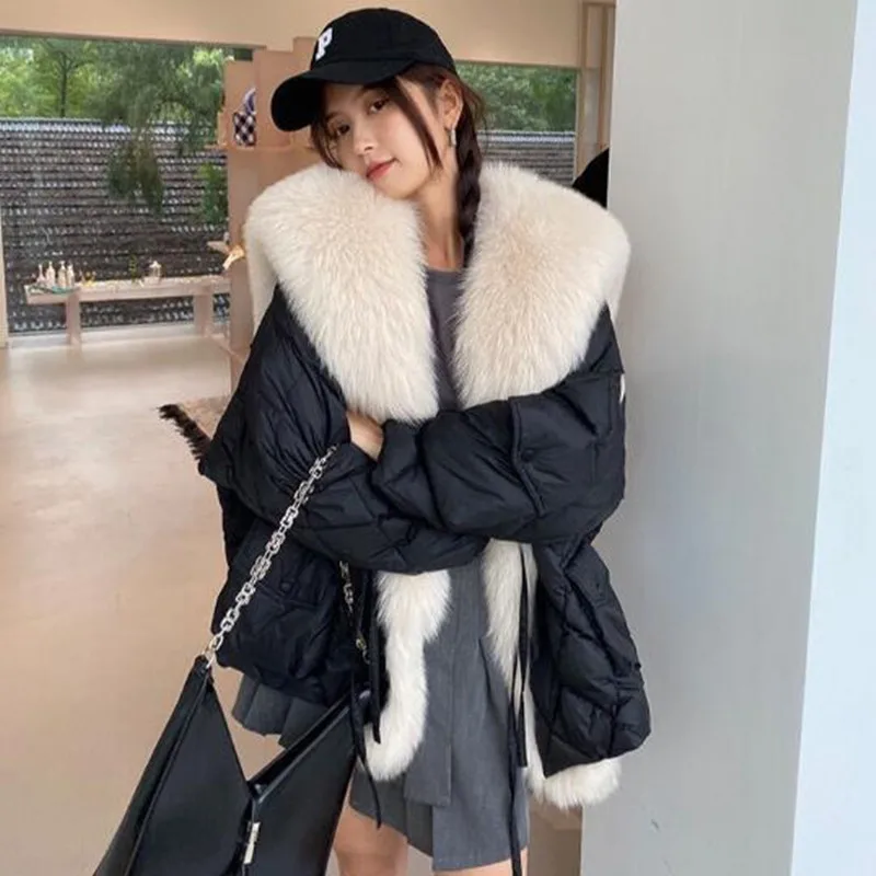 2024 winter new imitation fox fur collar down padded jacket female imitation fur coat warm medium long