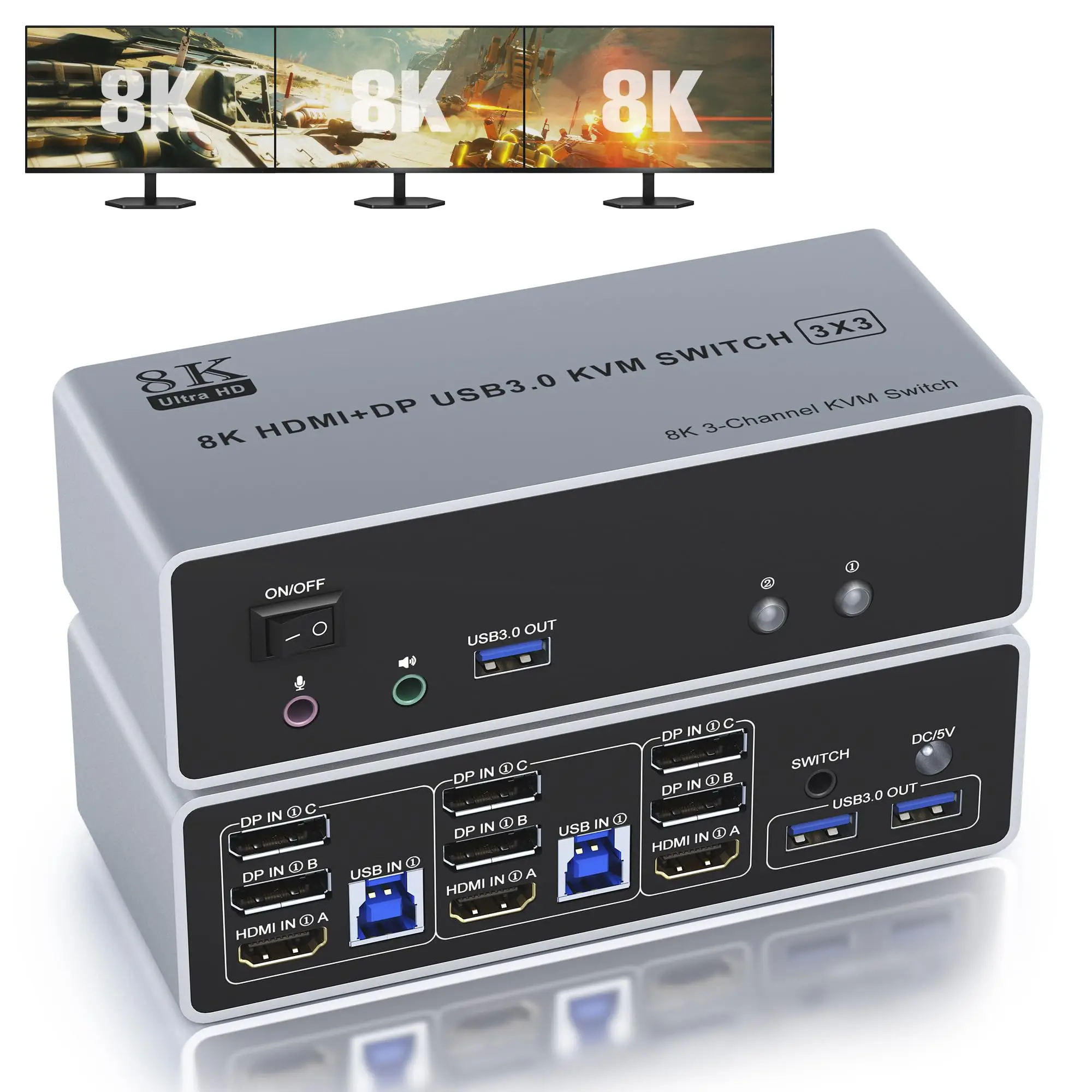 8K@60Hz HDMI+DP KVM Switch 3 Monitors 2 Computers ,HDMI and 2 Displayport Triple Monitor KVM Switch for 2 Computer