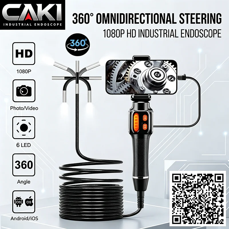 CAKI 360° HD Waterproof Sewer Camera Degree Rotation Endoscope Camera 6mm Lens IP67 for Automotive IOS Android Suitable