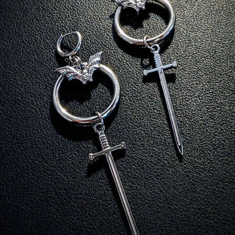 

Double Ear Bat Pendant Gothic Punk Sword Earrings