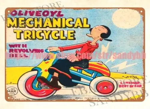 LINEMAR WIND-UP OLIVE OYL TRICYCLE TOY metal tin sign outdoor reproductions