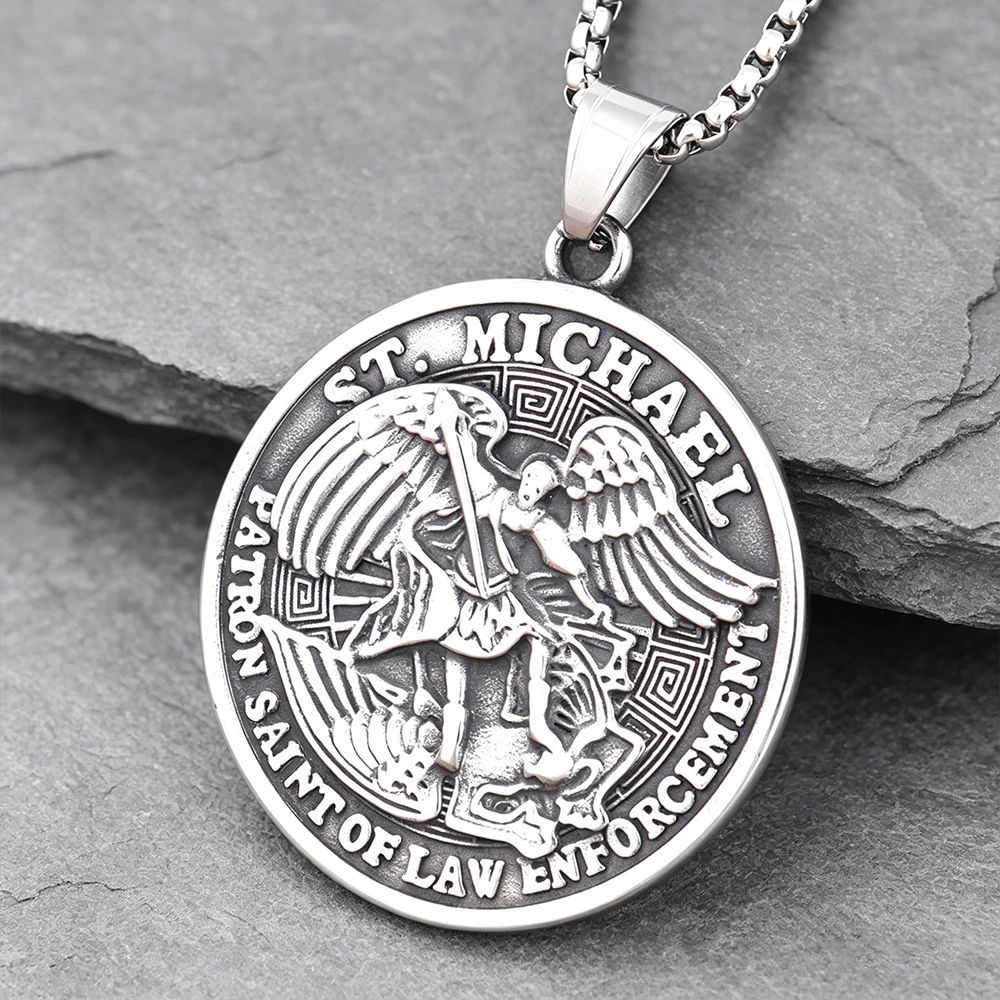 Collier pendentif croix de Saint-Michel en acier inoxydable, amulette vintage de l'archange, bijoux pour homme, vente en gros, dropshipping