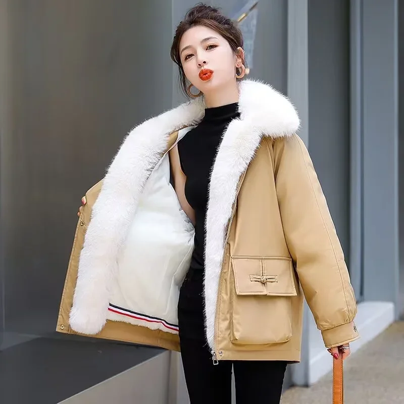 Pop Pop 2024 Winter Warm Coat New Cotton Coat Short Large Plush Thickened Large Fur Collar Hooded Cotton Coat Parka Female Pink