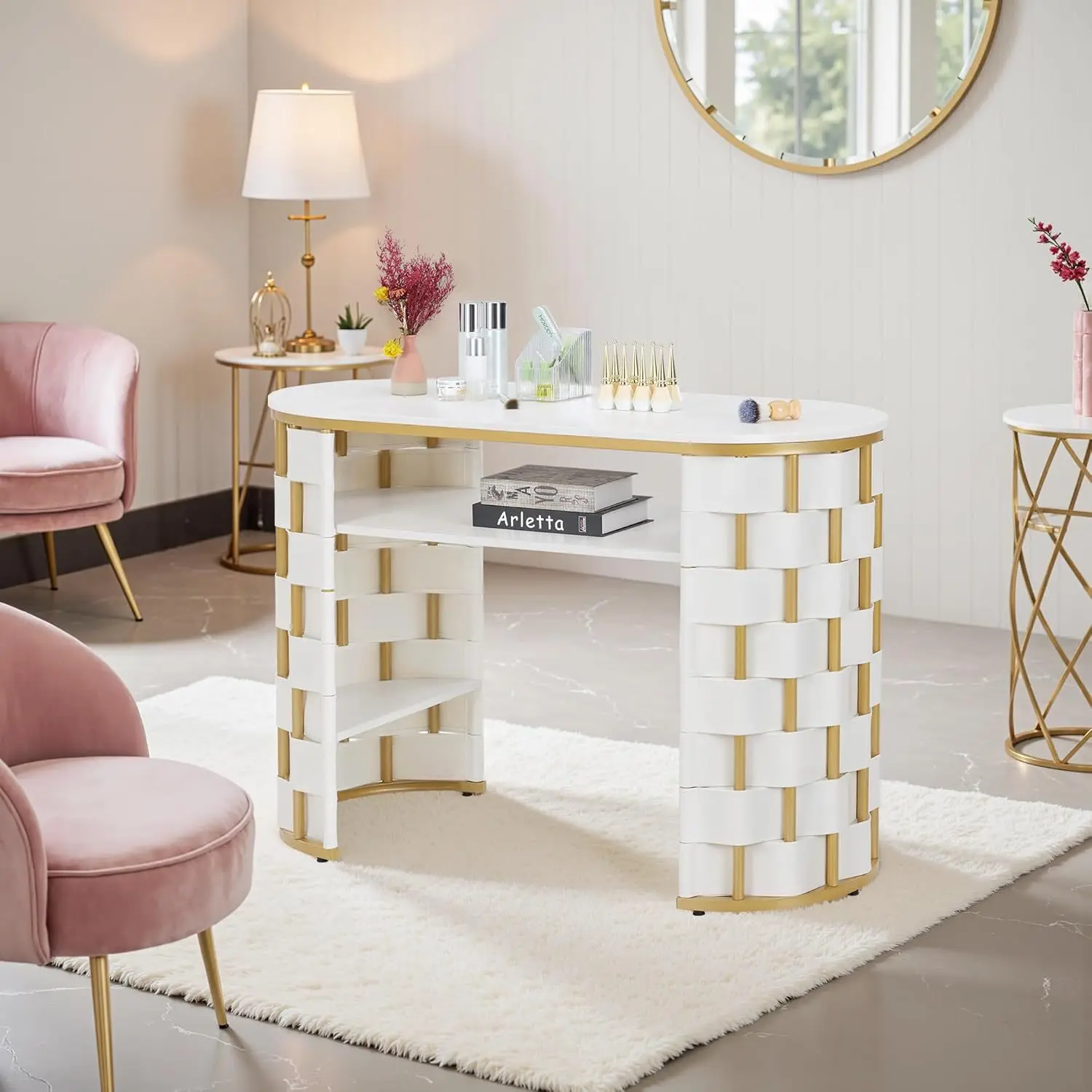 Nail table Custom woven leather Metal frame Storage Open with electric vacuum cleaner Nail table