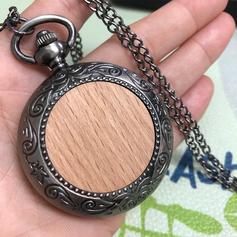 Accept Logo/Text Engraved Customized On Men's Pocket Watch Necklace Chain Simple Pure Cover Wooden Pocket Watch Dropshipping