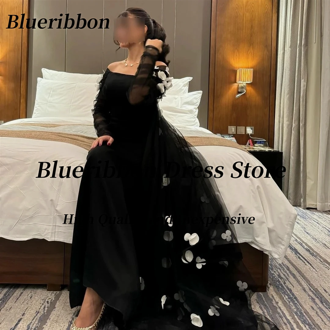 Blueribbon Black Prom Dresses Handmade White Flowers Vestidos De Noches Long Sleeves Evening Banquet Women Wear Formal Dress