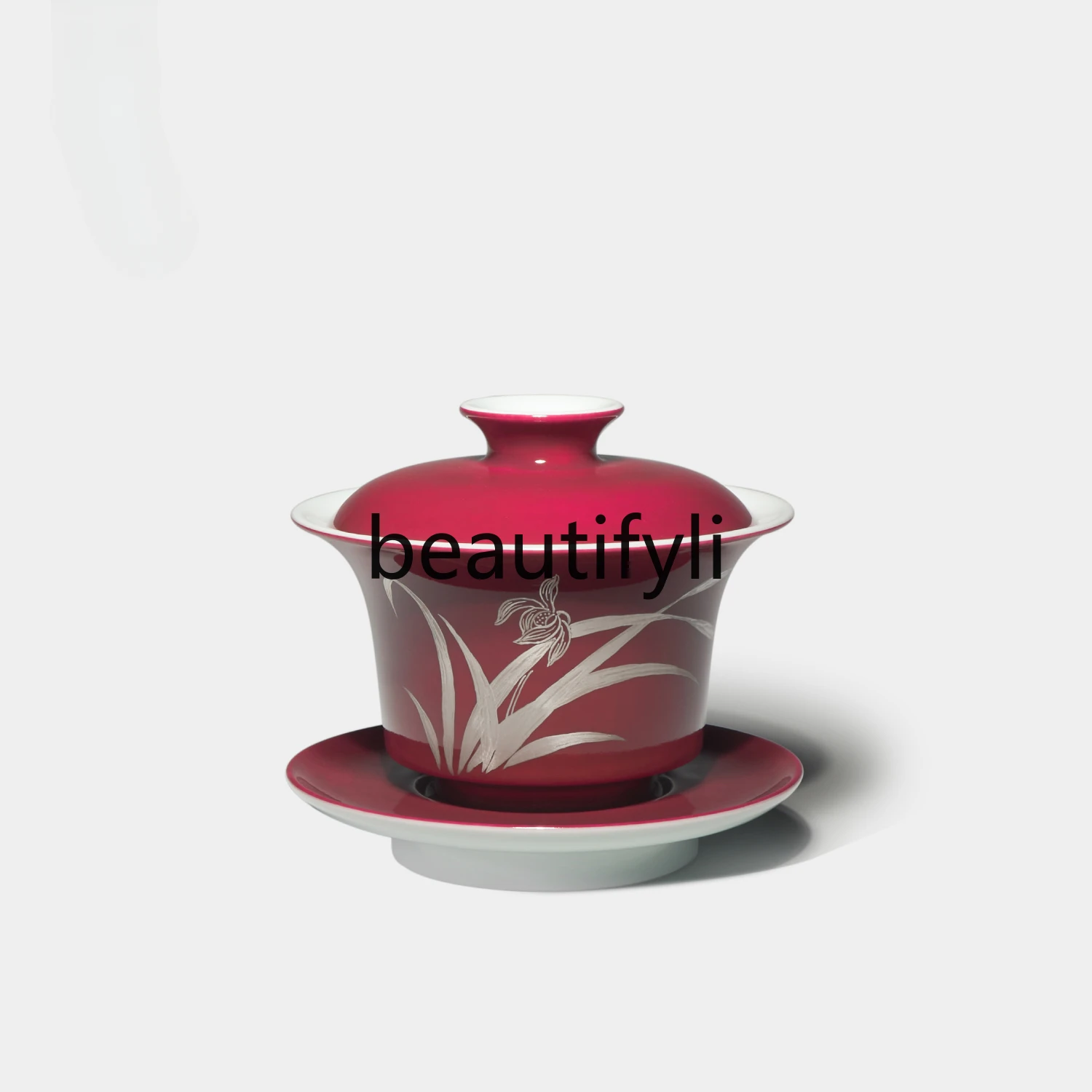 All handmade rouge tea bowl hand-painted sterling silver orchid Sancai cover bowl 150ml