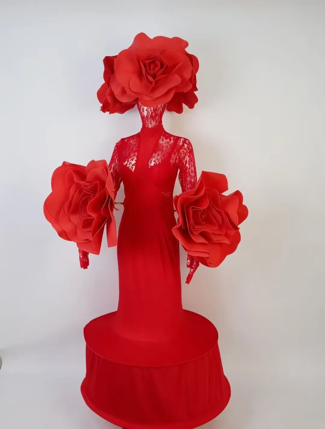 큰 붉은 꽃 레이스 투명한 긴 드레스 드래그 퀸 의상 발렌타인 데이 나이트 클럽 댄스 파티 마스크 볼 섹시한 무대 착용
