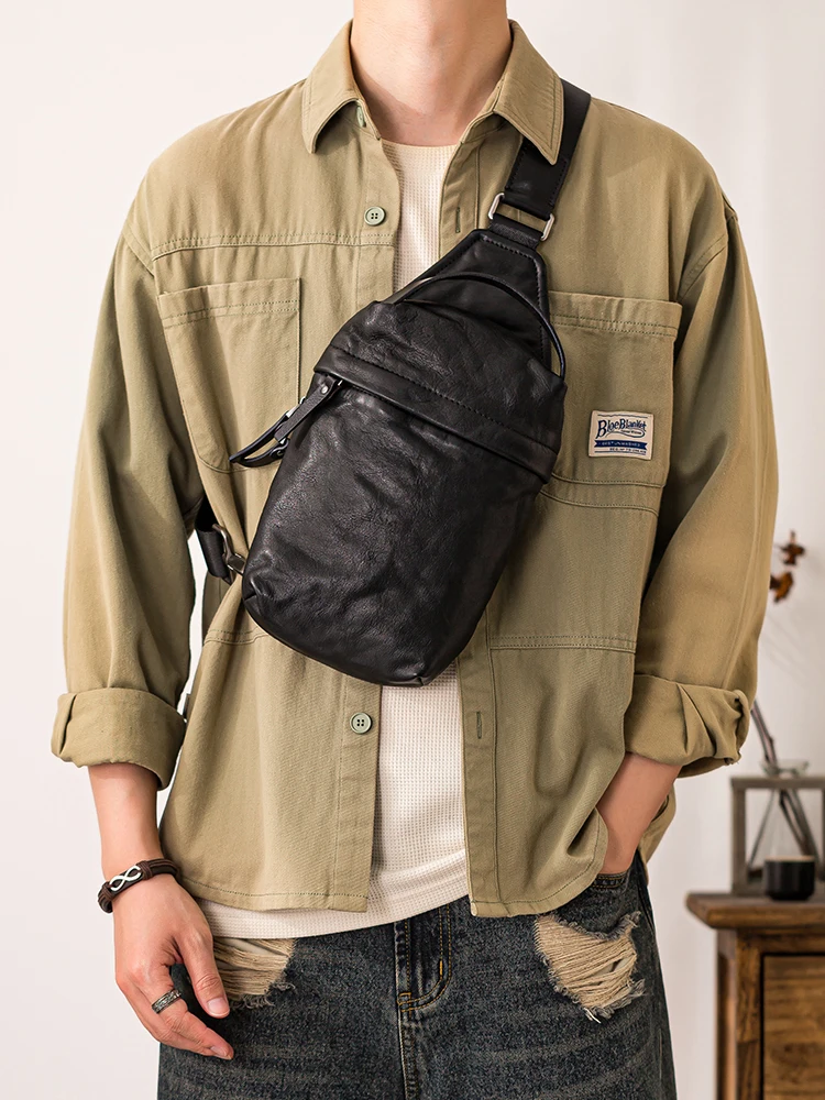 

Outdoor casual luxury first layer cowhide men's chest bag fashion sports designer soft genuine leather motorcycle crossbody bag
