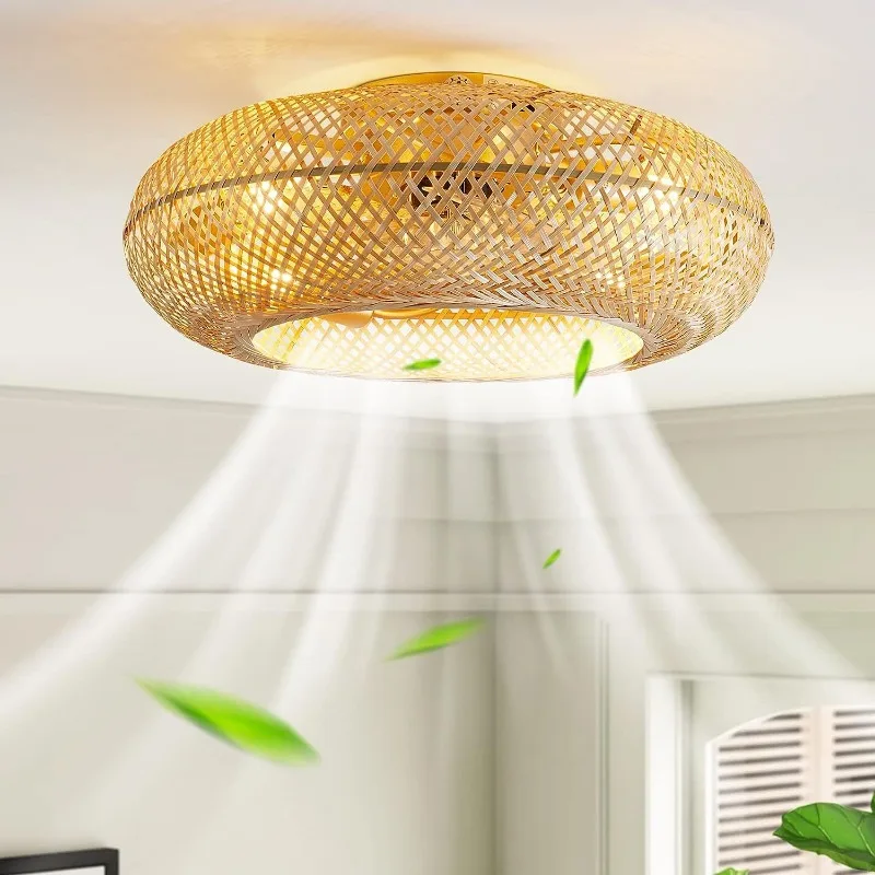 

Ceiling Fan with Led Lights Rattan Hand-woven Caged Ceiling Fan for Bedroom Kitchen Ceiling Fan with Light Remote Controller