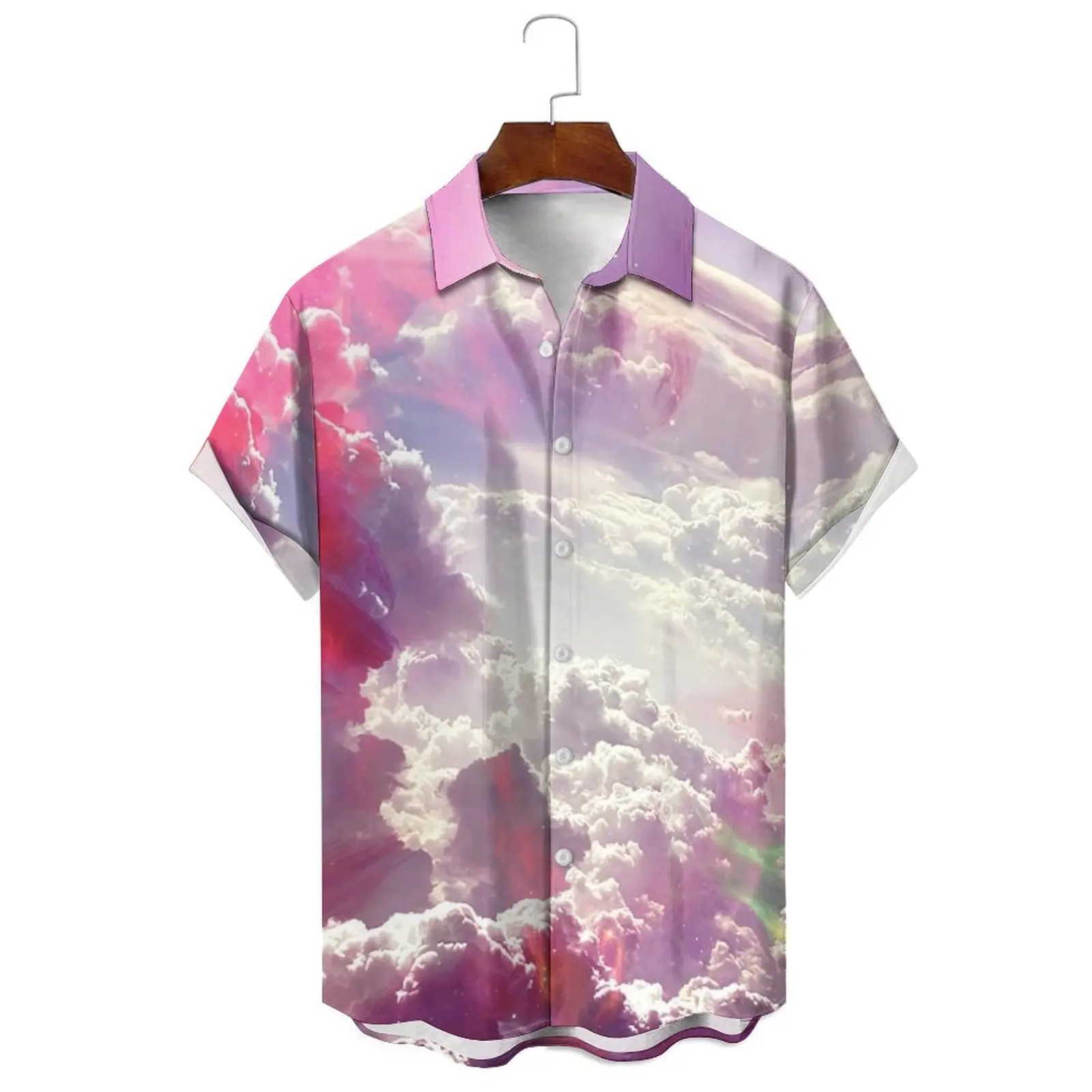 

Loose Casual Men/Women Fashion Large Size Summer Cloud Multi-Color Rendering Print Daily Can Wear Lapel Short-Sleeved Shirt