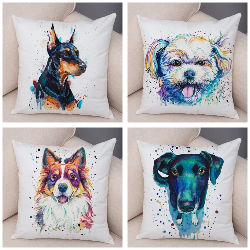 50 Style Cute Watercolor Pet Dog Pillow Case Decor Cartoon Animal Pillowcase Soft Plush Cushion Cover for Car Sofa Home 45x45cm