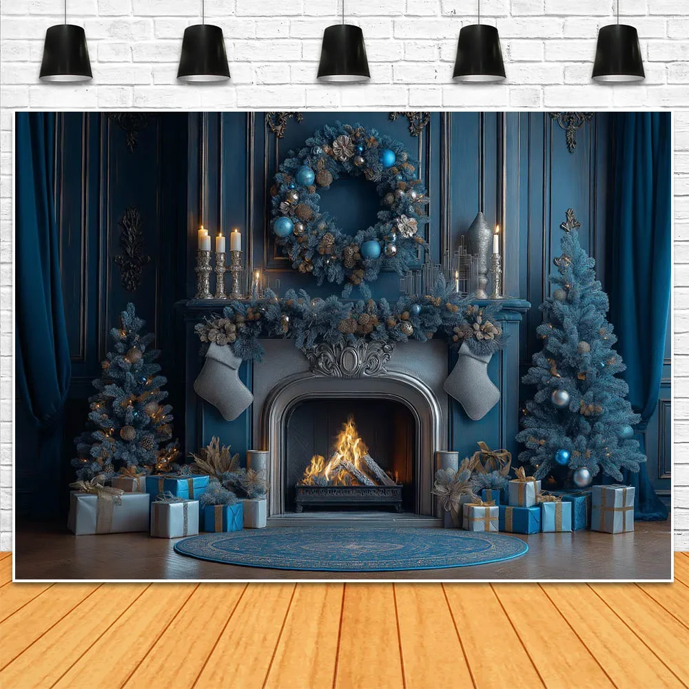 Mocsicka Christmas Family Portrait Photo Background Vintage Blue Wall Curtain Fireplace Xmas Tree Gifts Backdrop for Photography