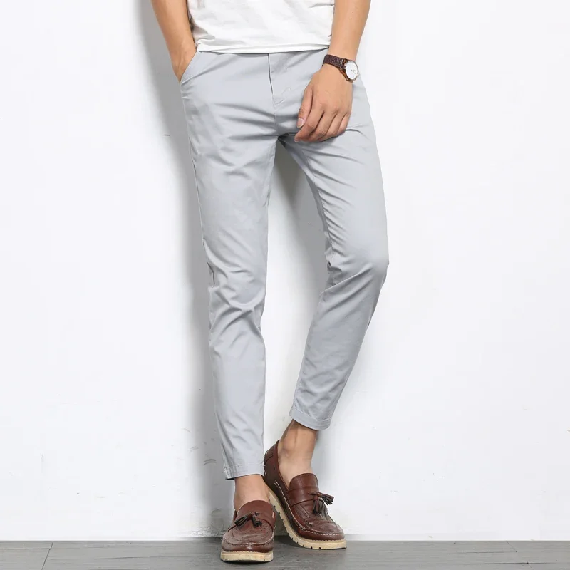 

Summer Men Fashions Solid Color Casual Pants Men Straight Slight Elastic Ankle-Length High Quality Formal Trousers Men