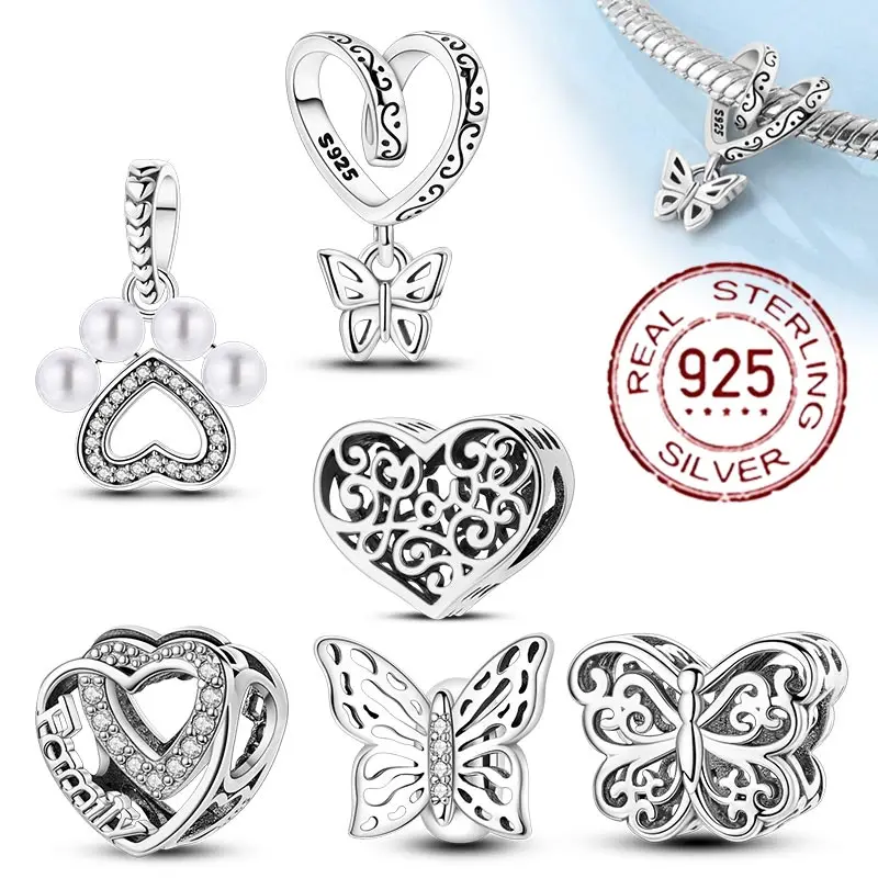 

Heart Shape 925 Sterling Silver Retro Butterfly Hollow Dangle Charm Beads for Bracelet Necklace Women Personalized Gift Jewelry