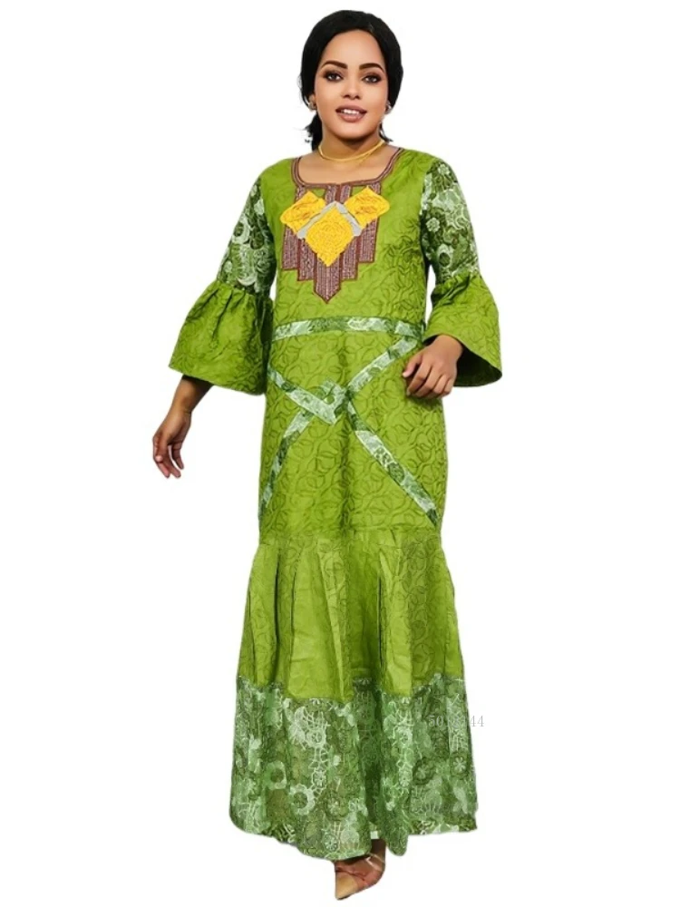 

African Traditional Robe Plus Size For Women Dubai Turkey Embroidered Green Bazin Riche Dress Kente Wedding Party Djellaba Gown