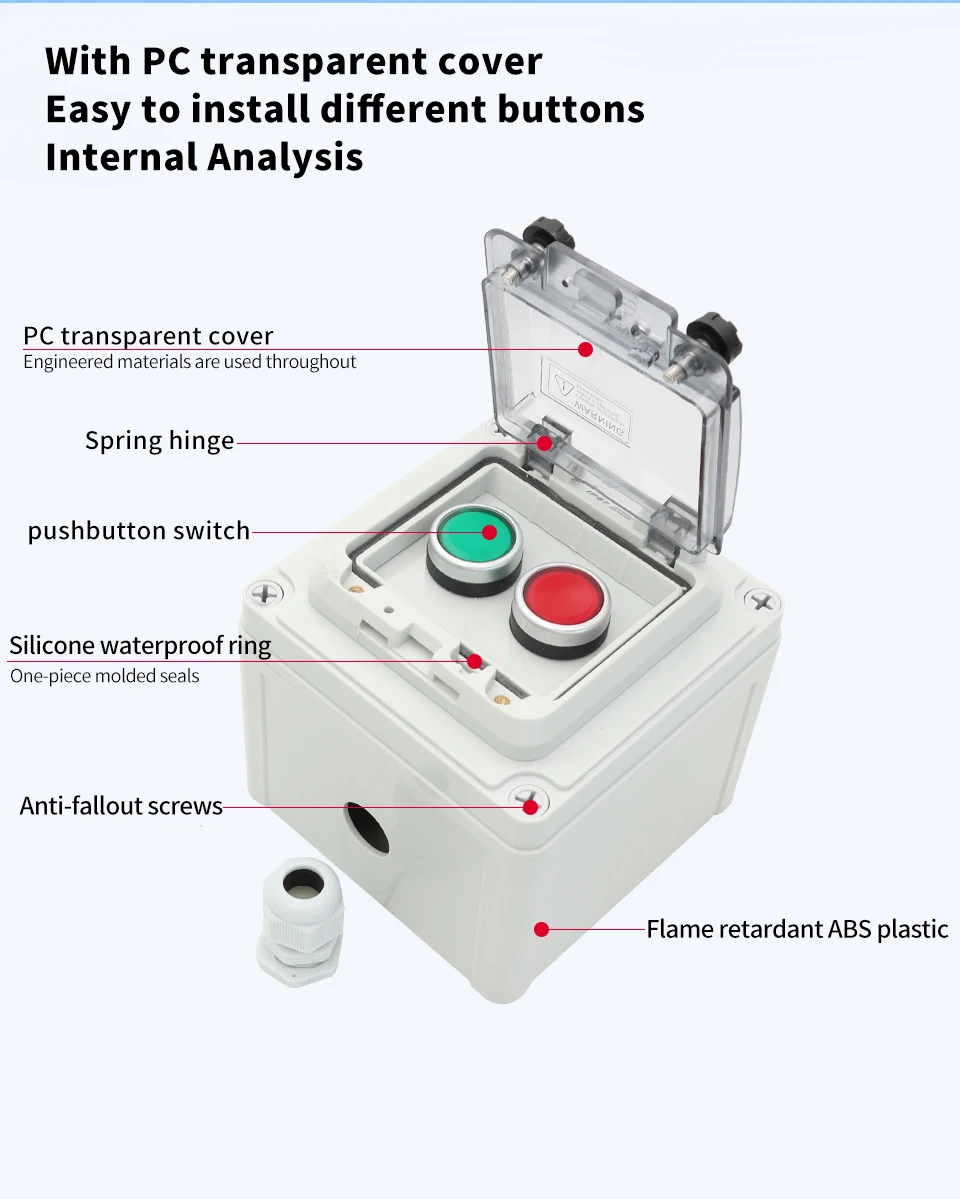 Not-Aus-Steuerbox für den Außenbereich mit Schutzabdeckung, wasserdichte Not-Aus-Tastensteuerbox IP67 – Detail 2